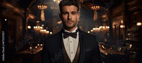 Elegancki mężczyzna w garniturze z muchą na ciemnym luksusowym tle. 