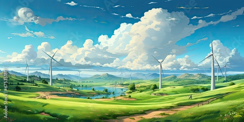 Turbiny wiatrowe na zielonych polach. 