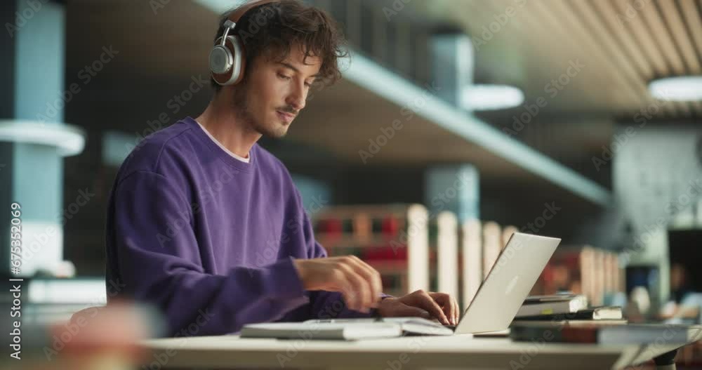 Portrait of a Smart Male Putting On Headphones and Working on a Laptop Computer. Young Man Doing a Homework Assignment and Preparing for Political Science Exams in a College Library Portrait of a Smart Male Putting On Headphones and Working on a Laptop Computer. Young Man Doing a Homework Assignment and Preparing for Political Science Exams in a College Library
