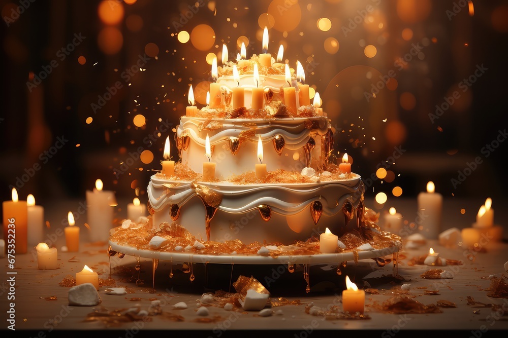 Tort urodzinowy ze świeczkami na słotym tle z bokeh.  - obrazy, fototapety, plakaty 