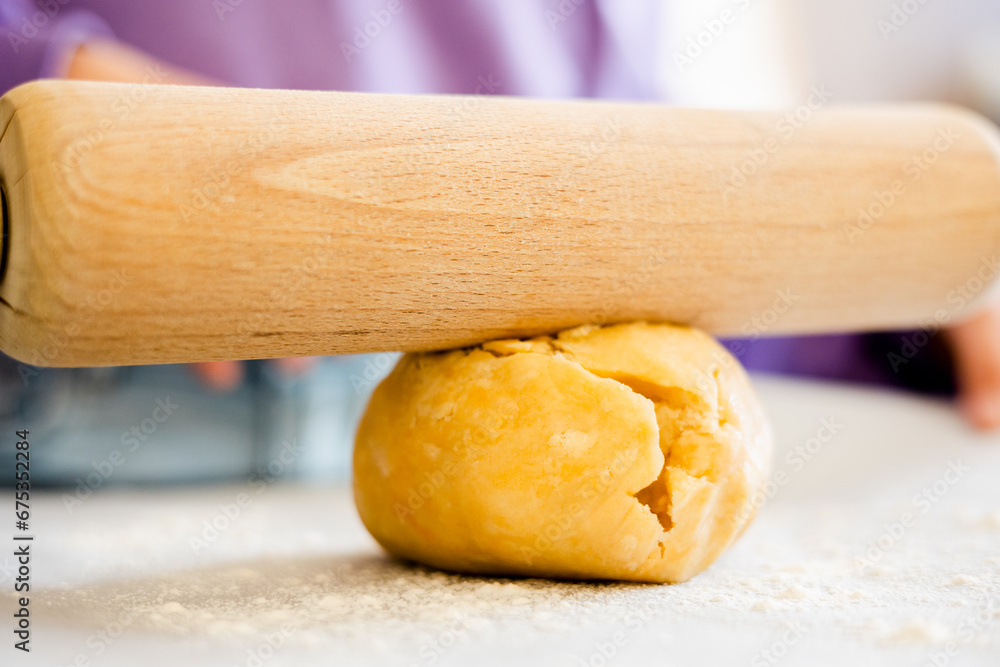 Kid's Hands Rolling Shortcrust Dough Up Close Kid's Hands Rolling Shortcrust Dough Up Close