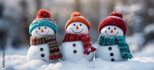 Kolorowe bałwany w czapkach i szalikach stojące na śniegu zimową porą. 