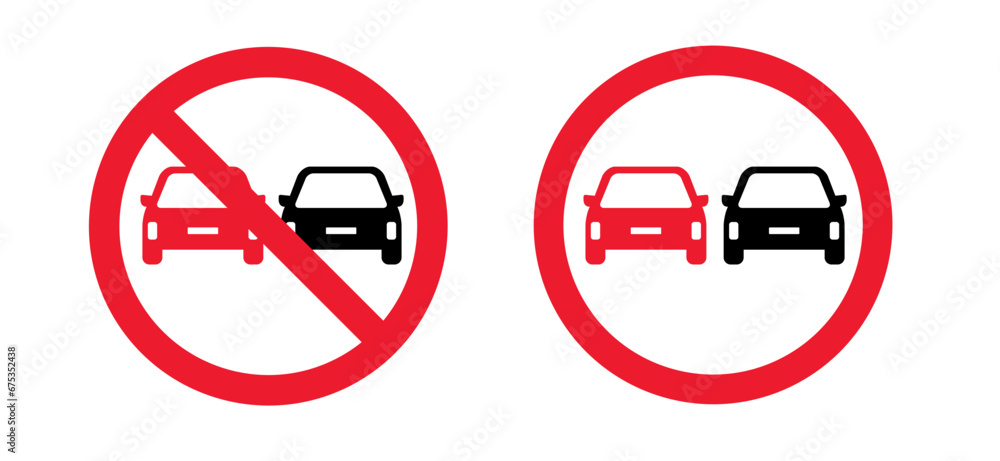 Non overtaking for cars signboard. Stop, prohibition sign. Traffic, vehicle car symbol. No overtaking. Forbidden icon. Overtaking is prohibited. Non overtaking for cars signboard. Stop, prohibition sign. Traffic, vehicle car symbol. No overtaking. Forbidden icon. Overtaking is prohibited.