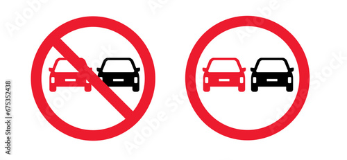 Non overtaking for cars signboard. Stop, prohibition sign. Traffic, vehicle car symbol. No overtaking. Forbidden icon. Overtaking is prohibited.