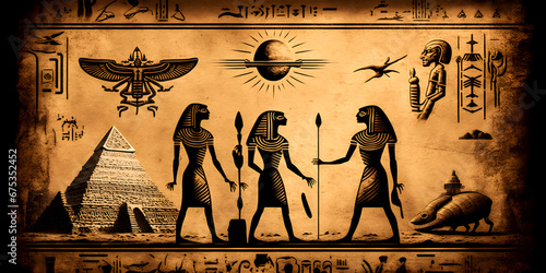Egyptian hieroglyphs, Egypts people worship aliens UFO flying saucers. Generation AI.