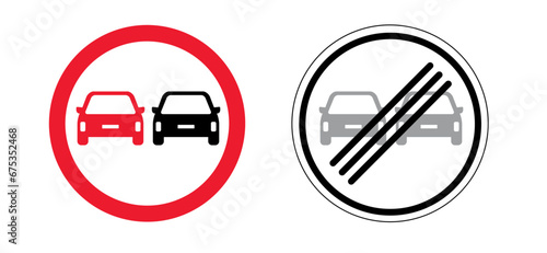 Non overtaking for cars signboard and End of overtaking ban. Stop, prohibition sign. Traffic, vehicle car symbol. No overtaking. Forbidden icon. Overtaking is prohibited.