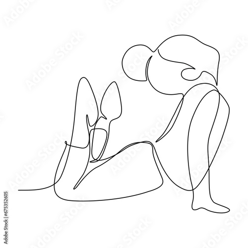Little girl doing a gymnastic exercise while lying down. International day of kids yoga. .Editable stroke. Vector