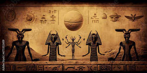 Egyptian hieroglyphs, Egypts people worship aliens UFO flying saucers. Generation AI.