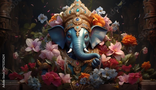Gensha siedzący w pozycji medytacji z kwiatami i darami dla boga.