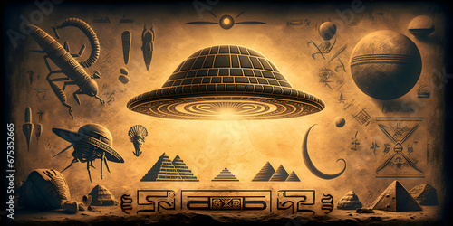 Egyptian hieroglyphs, Egypts people worship aliens UFO flying saucers. Generation AI.