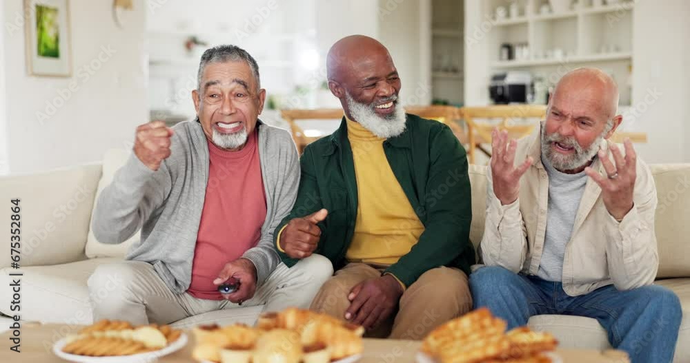 Senior, men and celebration for sport on tv with remote, fist bump and victory on sofa in living room. Friends, elderly people and happiness for match, goal or game on television in lounge of home Senior, men and celebration for sport on tv with remote, fist bump and victory on sofa in living room. Friends, elderly people and happiness for match, goal or game on television in lounge of home
