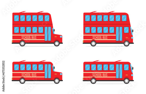 Vector illustration of kids red education school bus including double decker bus set transportation