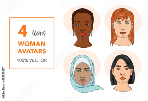 Set of 4 vector women portrait, women diversity, women sorority