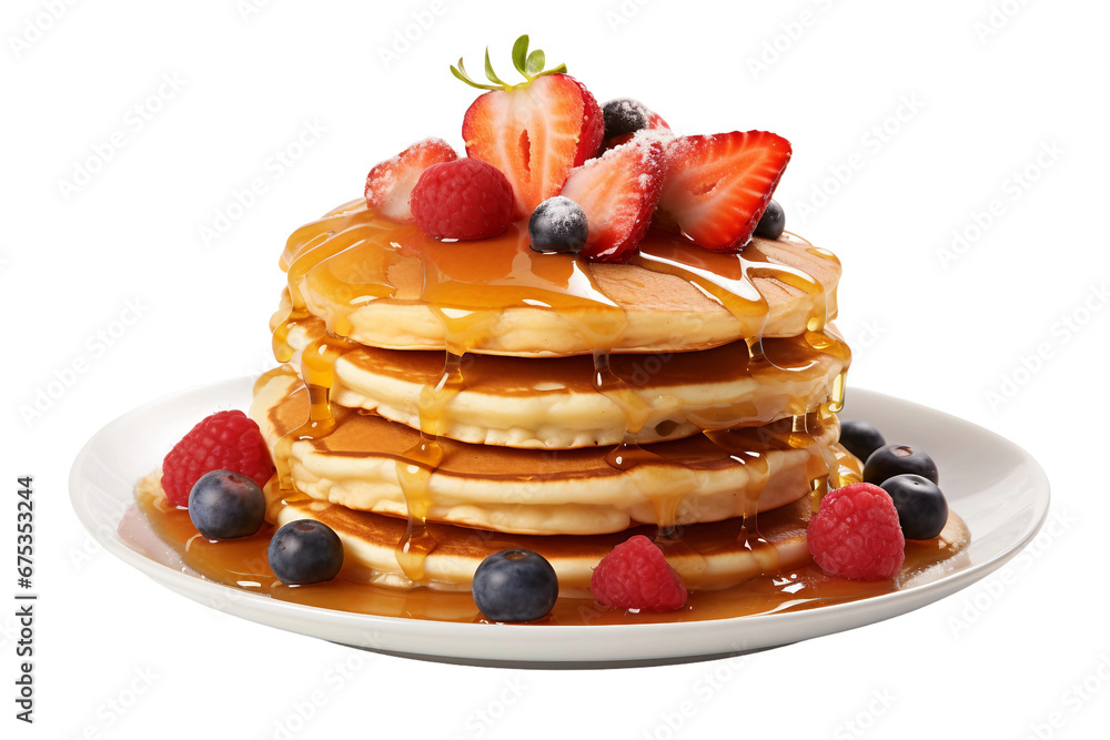 Fluffy Pancakes, Syrup, and Butter Isolated on a Transparent Background - obrazy, fototapety, plakaty 