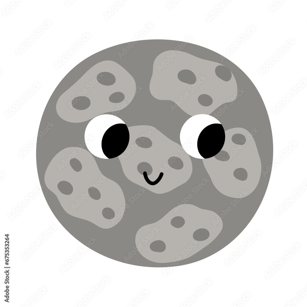 Cute Mercury planet in cartoon style. Happy smiling Solar System character clipart. Space element isolated on white. Vector illustration