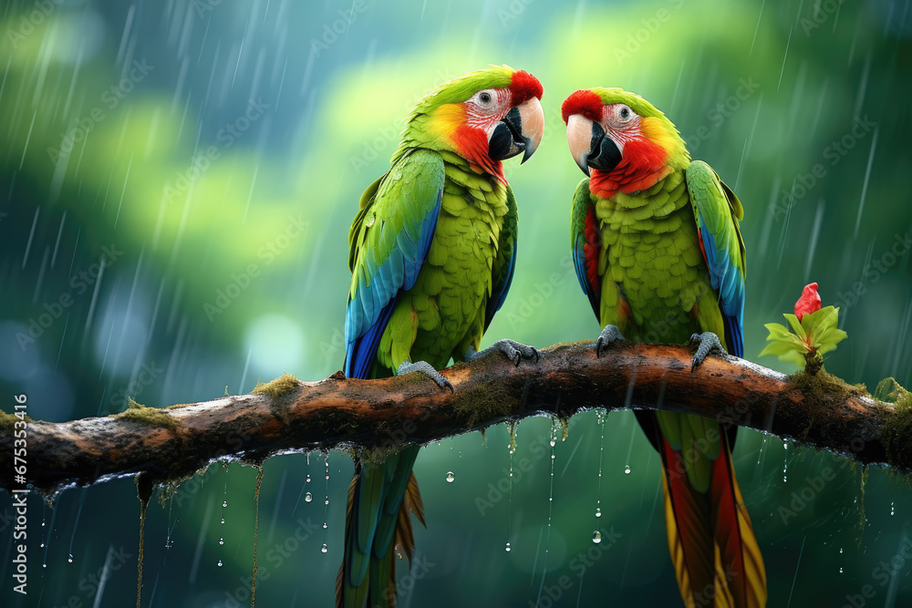 Great-Green Pa Macaws on tree, Ara ambigua, Wild rare bird in the nature habitat, sitting on the branch in Costa Rica. Wildlife scene in tropic forest. Dark forest with green macaw parrot