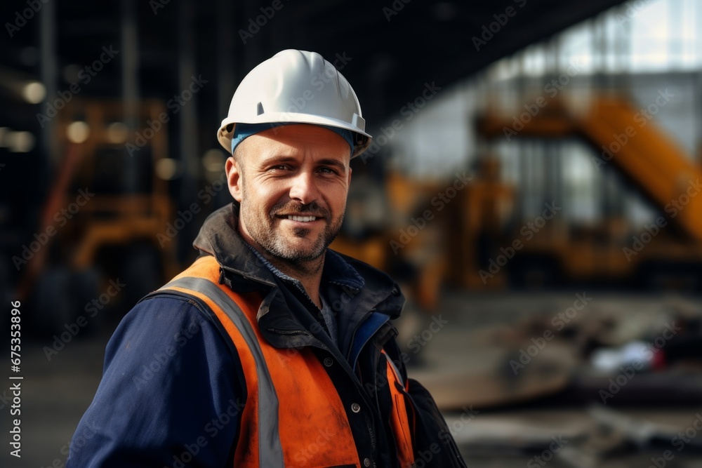Happy man in an engineer hard hat at a construction site. Work process, construction of a house Happy man in an engineer hard hat at a construction site. Work process, construction of a house