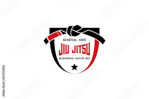 Jiu jitsu martial arts logo design, mixed martial arts red black belt shield symbol vector illustration