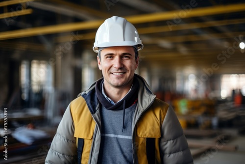 Happy man in an engineer hard hat at a construction site. Work process, construction of a house