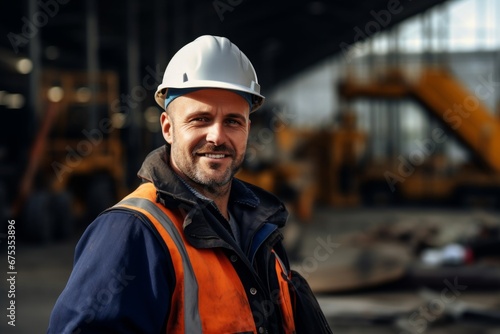 Happy man in an engineer hard hat at a construction site. Work process, construction of a house