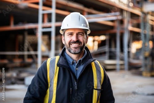 Happy man in an engineer hard hat at a construction site. Work process, construction of a house © vasyan_23