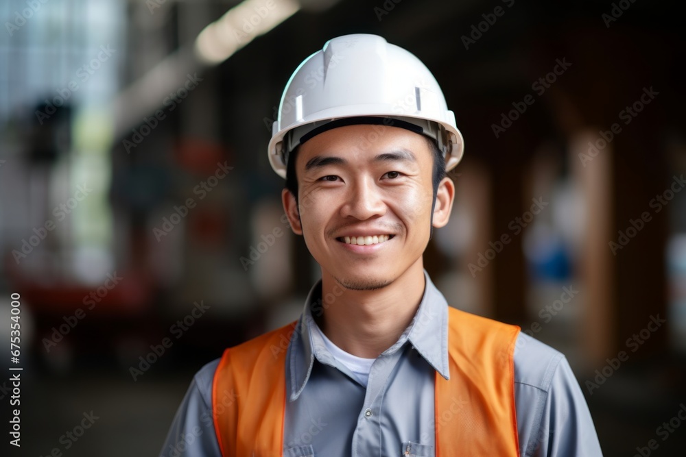 Happy asian man in an engineer hard hat at a construction site. Work process, construction of a house Happy asian man in an engineer hard hat at a construction site. Work process, construction of a house