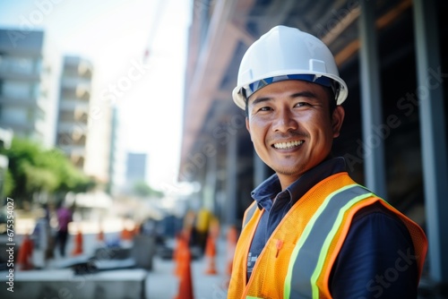 Happy asian man in an engineer hard hat at a construction site. Work process, construction of a house photo