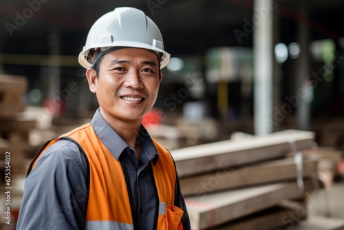 Happy asian man in an engineer hard hat at a construction site. Work process, construction of a house