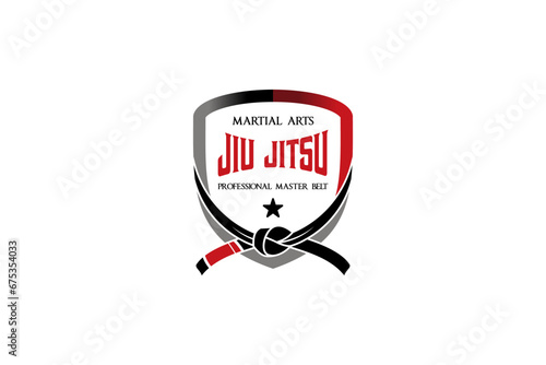 Jiu jitsu martial arts logo design, mixed martial arts sport red black belt shield vector illustration