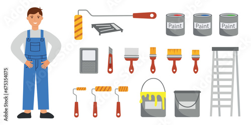 Home renovation tool kit. Brushes and spatulas for painting walls at home. Vector illustration in flat, cartoon style.