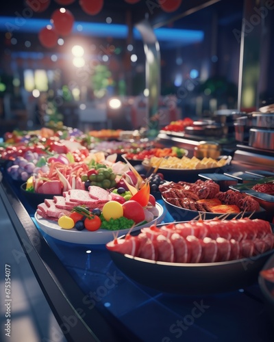 Fruits and vegetables on a buffet table in a restaurant or hotel photo