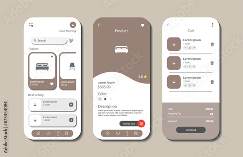Application to buy furniture. Collection of online furniture store interface templates. Responsive GUI for mobile applications. Vector illustration