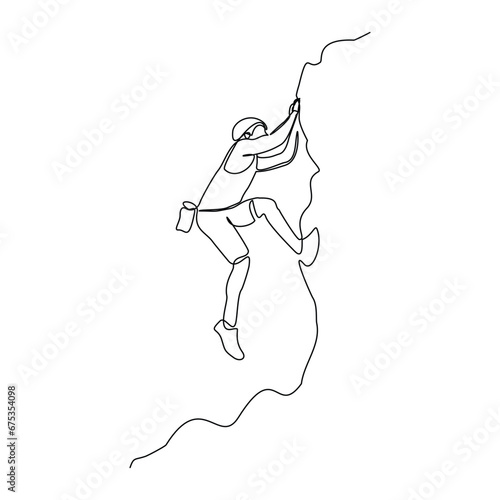 Continuous single line sketch drawing of man climbing a cliff mountain. One line extreme dangerous sport activity vector illustration