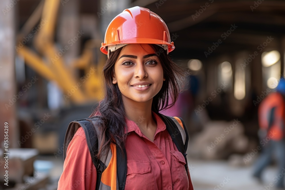 Happy indian woman in an engineer hard hat at a construction site. Work process, construction of a house Happy indian woman in an engineer hard hat at a construction site. Work process, construction of a house