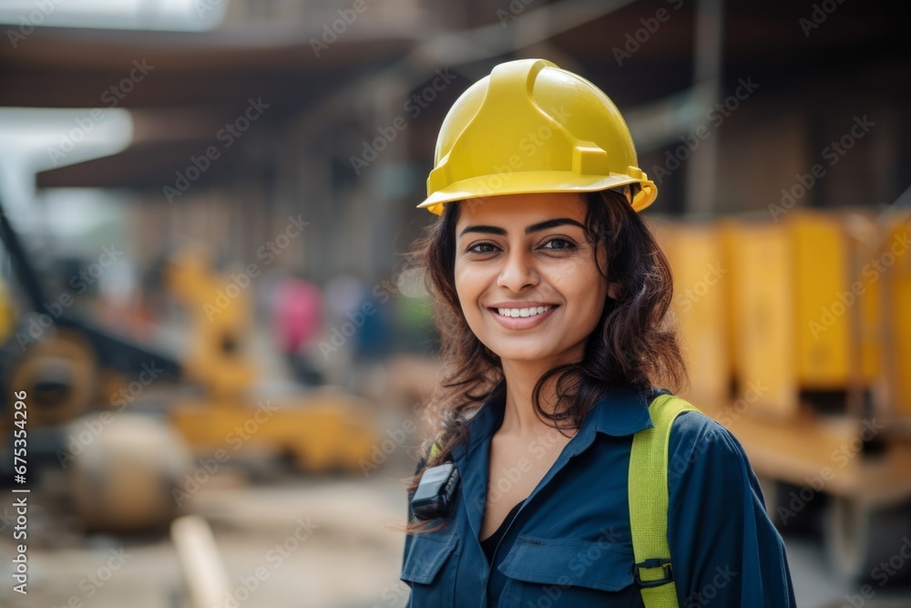 Happy indian woman in an engineer hard hat at a construction site. Work process, construction of a house Happy indian woman in an engineer hard hat at a construction site. Work process, construction of a house