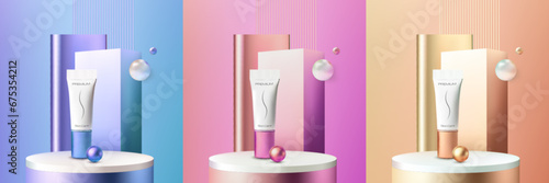 White cosmetic tubes on round podium. Mockup of plastic package with pearls on circle pedestal. Cosmetics bottles, skincare tubes on showroom platform realistic 3d vector. Beauty product presentation.