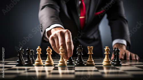Strategy Businessman moving chess piece on chess board game