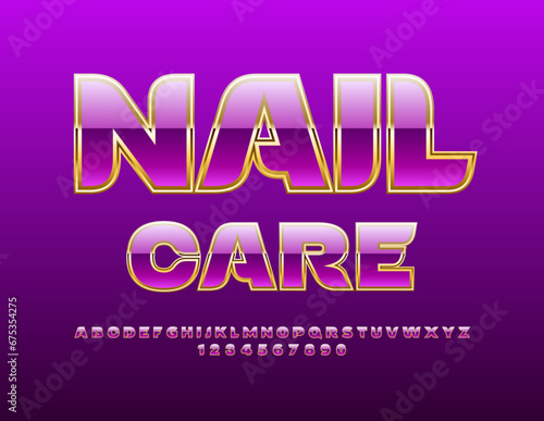 Vector glamour logo Nail Care with glossy Gold and Purple Font. Elegant Alphabet Letters and Numbers set