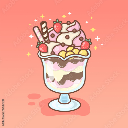 vector hand drawn ice cream with chocochips strawberry biscuit on glass illustration