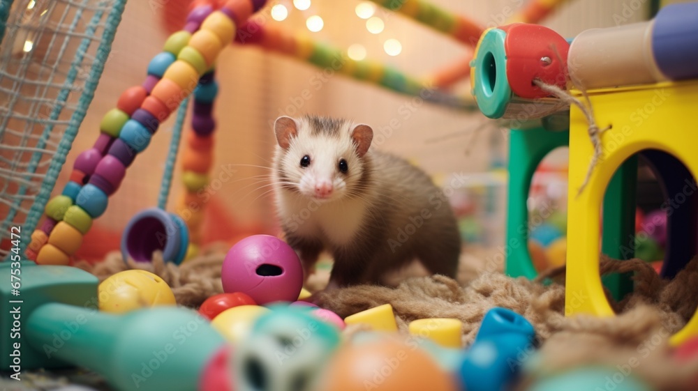 a pet ferret exploring a New Year-themed playpen, with tunnels, ramps, and soft toys, showcasing the joy and curiosity of these playful creatures in a carefully designed home environment.