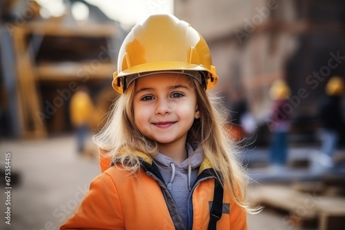 Happy child girl in an engineer hard hat at a construction site. Work process, construction of a house © vasyan_23