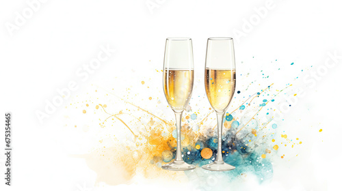 Watercolor illustration displaying a pair of champagne glasses with sparkling wine against a white backdrop, a perfect representation of festivity and merriment photo