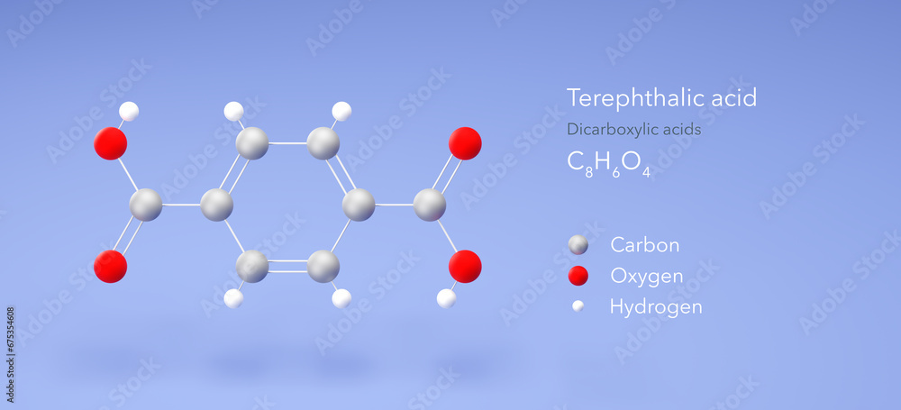 terephthalic acid molecule, molecular structures, precursor polyester pet, 3d model, Structural Chemical Formula and Atoms with Color Coding terephthalic acid molecule, molecular structures, precursor polyester pet, 3d model, Structural Chemical Formula and Atoms with Color Coding