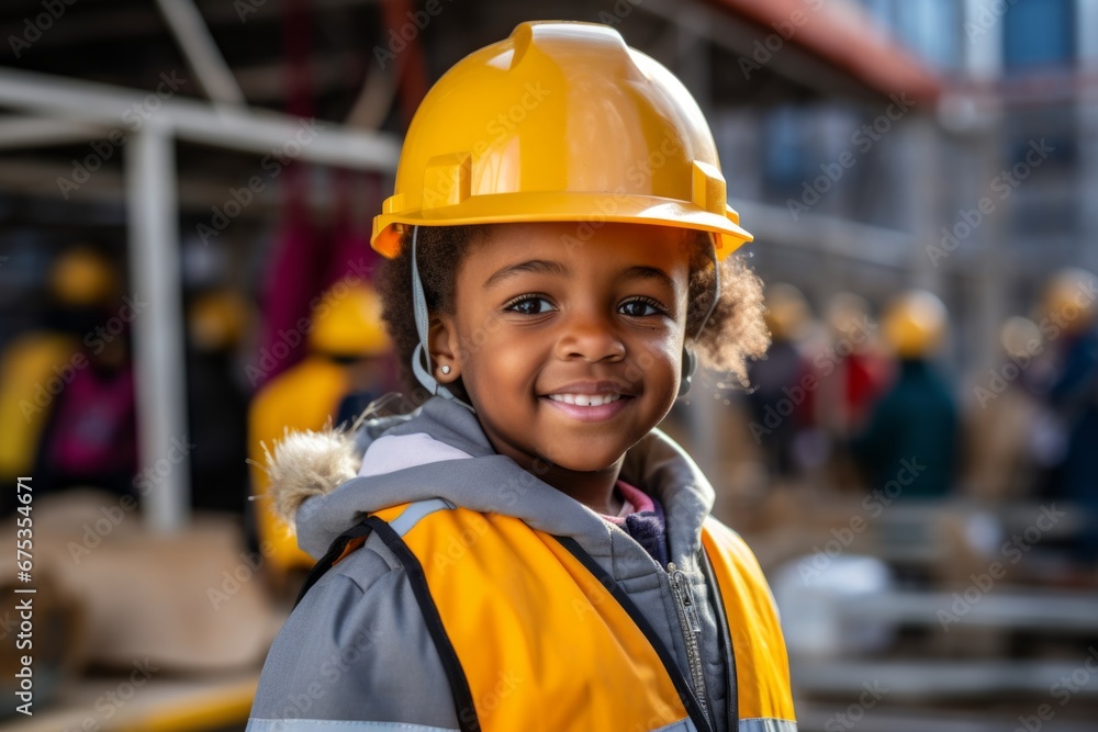 Happy african american child boy in an engineer hard hat at a construction site. Work process, construction of a house Happy african american child boy in an engineer hard hat at a construction site. Work process, construction of a house