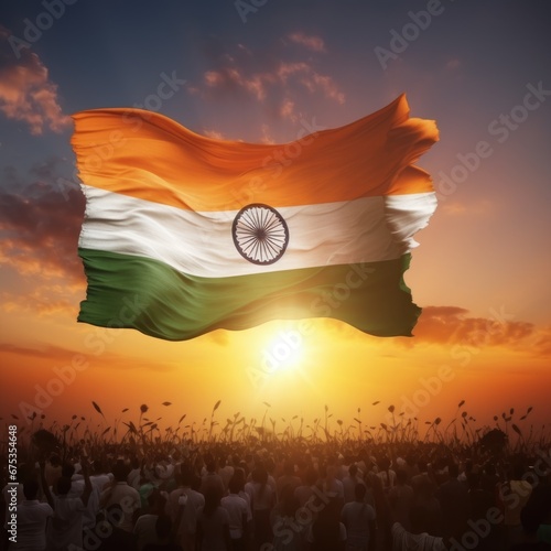 Sunrise sunset Indian flag is waving and people photo