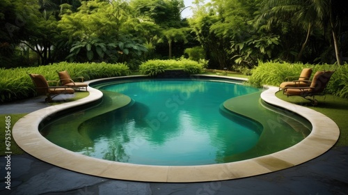 Swimming pool in the garden with sun loungers  © Imtiaz
