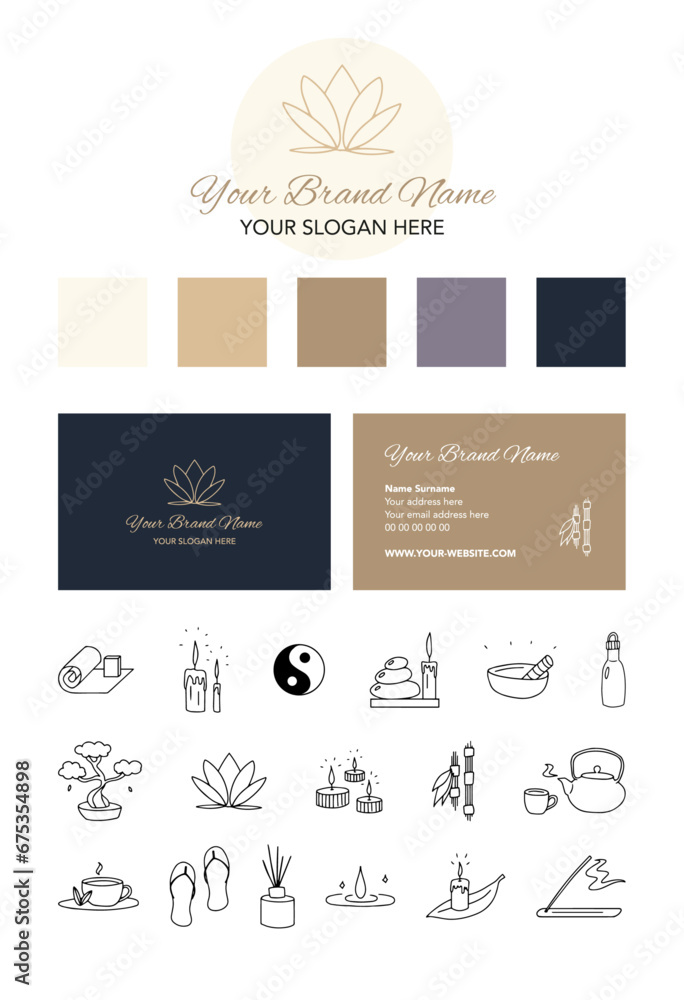 Vector visual identity and graphic charter with logo, colors, business card and pictograms for a spa and wellness company Vector visual identity and graphic charter with logo, colors, business card and pictograms for a spa and wellness company