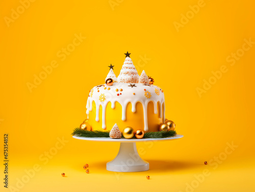 On a yellow background there is a Christmas cake with a decoration in the form of a Christmas tree. Minimalism. 