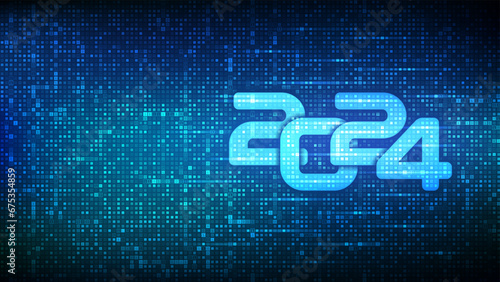 Happy New Year 2024. Numbers 2024 made with binary code. Digital binary data and streaming digital code background. Matrix background with digits 1.0. Vector illustration.