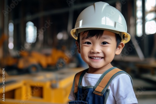 Happy asian child boy in an engineer hard hat at a construction site. Work process, construction of a house